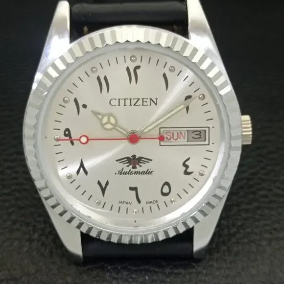 Vintage 1970 Citizen Automatic Mens Silver Watch W/daydate & Arabic accents